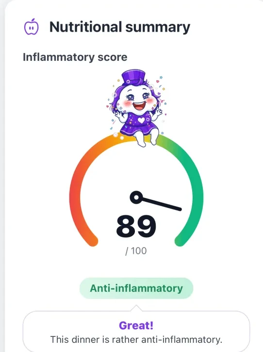 App screen: a dinner’s inflammatory score, 89 out of 100, labelled anti-inflammatory.