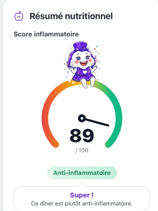 Écran de l’app : le score inflammatoire d’un dîner, 89 sur 100, étiqueté anti-inflammatoire.